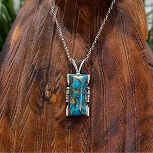 Vibrant Blue Turquoise Sterling Silver Pendant With 20” Sterling Chain